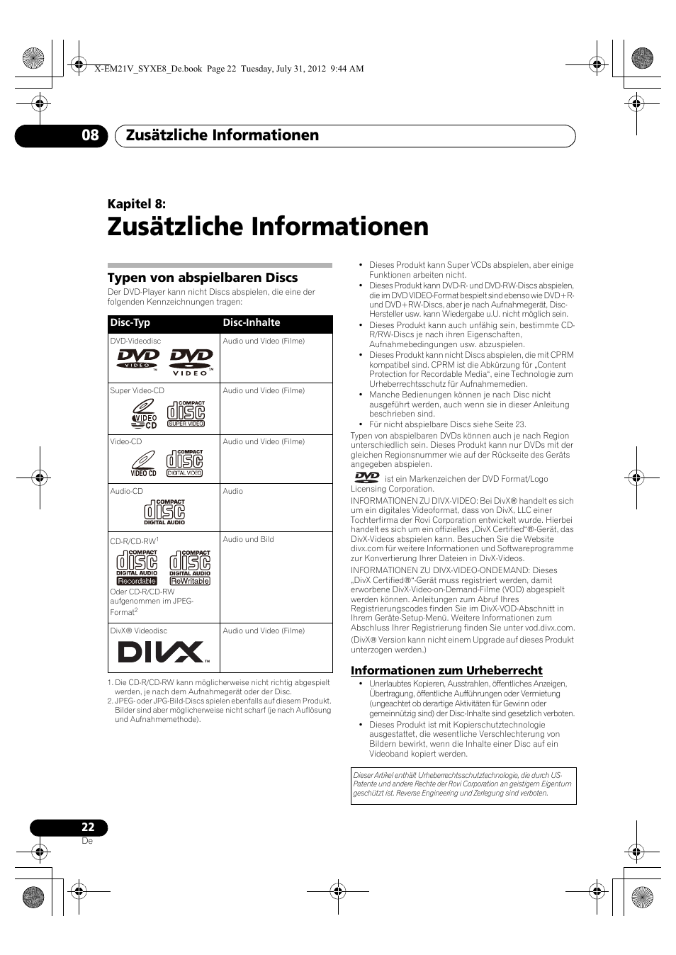 08 zusätzliche informationen, Typen von abspielbaren discs, Informationen zum urheberrecht | Zusätzliche informationen, Zusätzliche informationen 08, Kapitel 8 | Pioneer X-EM21V User Manual | Page 78 / 172