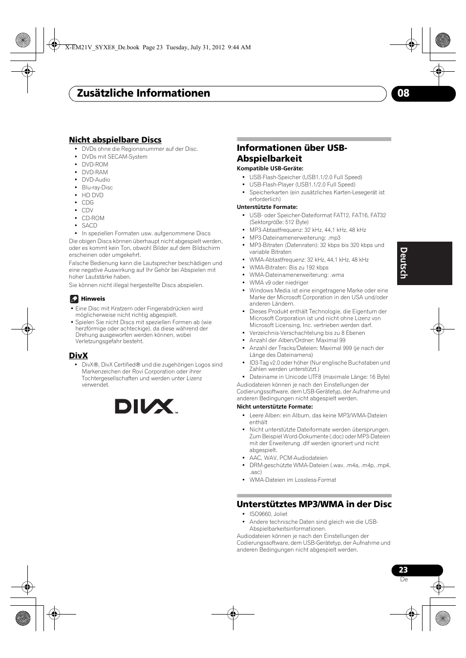Nicht abspielbare discs, Divx, Informationen über usb-abspielbarkeit | Unterstütztes mp3/wma in der disc, Zusätzliche informationen 08, Informationen über usb- abspielbarkeit | Pioneer X-EM21V User Manual | Page 79 / 172