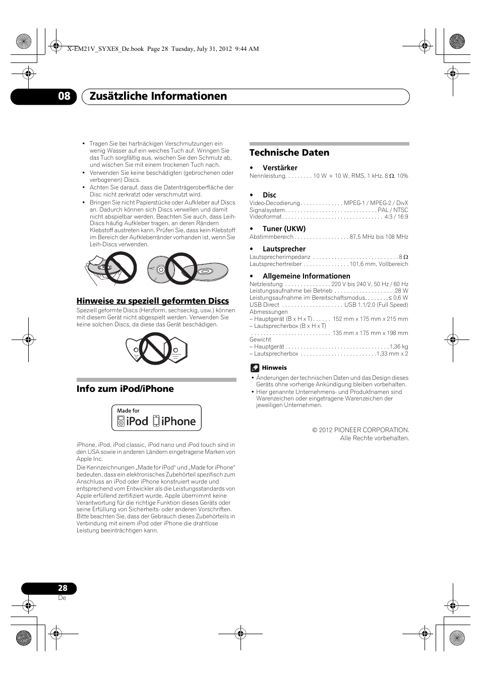 Hinweise zu speziell geformten discs, Info zum ipod/iphone, Technische daten | Zusätzliche informationen 08 | Pioneer X-EM21V User Manual | Page 84 / 172