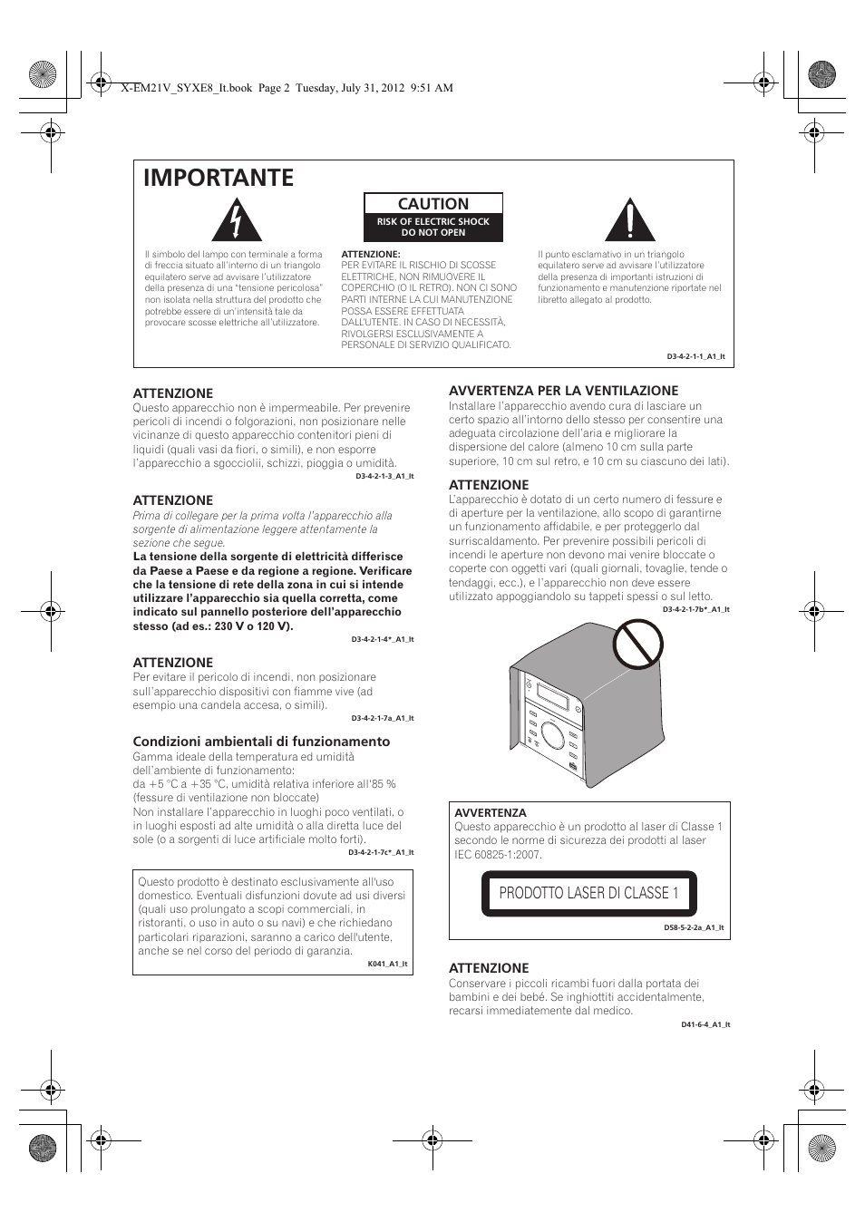 Importante, Caution, Prodotto laser di classe 1 | Pioneer X-EM21V User Manual | Page 86 / 172