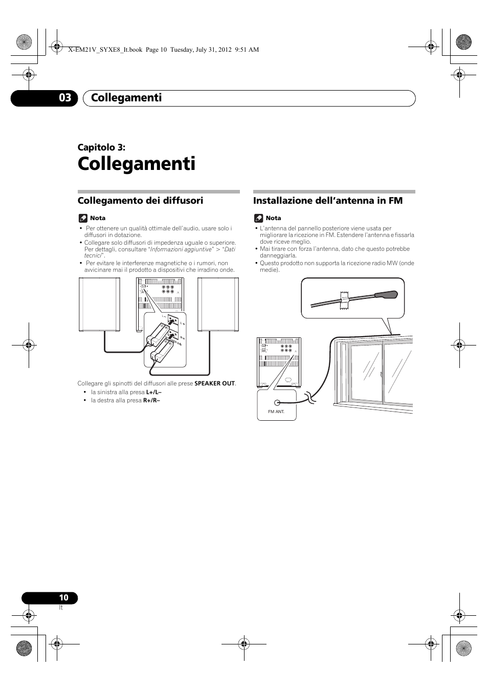 03 collegamenti, Collegamento dei diffusori, Installazione dell’antenna in fm | Collegamenti, Collegamenti 03, Capitolo 3 | Pioneer X-EM21V User Manual | Page 94 / 172