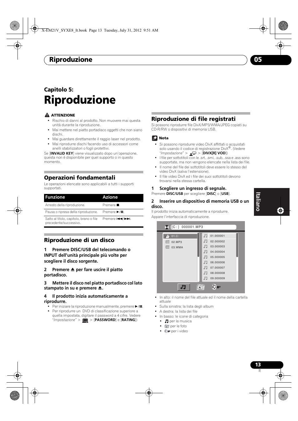 05 riproduzione, Operazioni fondamentali, Riproduzione di un disco | Riproduzione di file registrati, Riproduzione, Riproduzione 05, Capitolo 5 | Pioneer X-EM21V User Manual | Page 97 / 172
