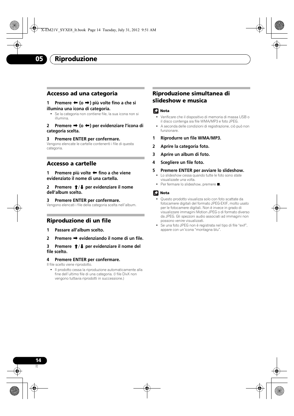 Accesso ad una categoria, Accesso a cartelle, Riproduzione di un file | Riproduzione simultanea di slideshow e musica, Riproduzione 05 | Pioneer X-EM21V User Manual | Page 98 / 172