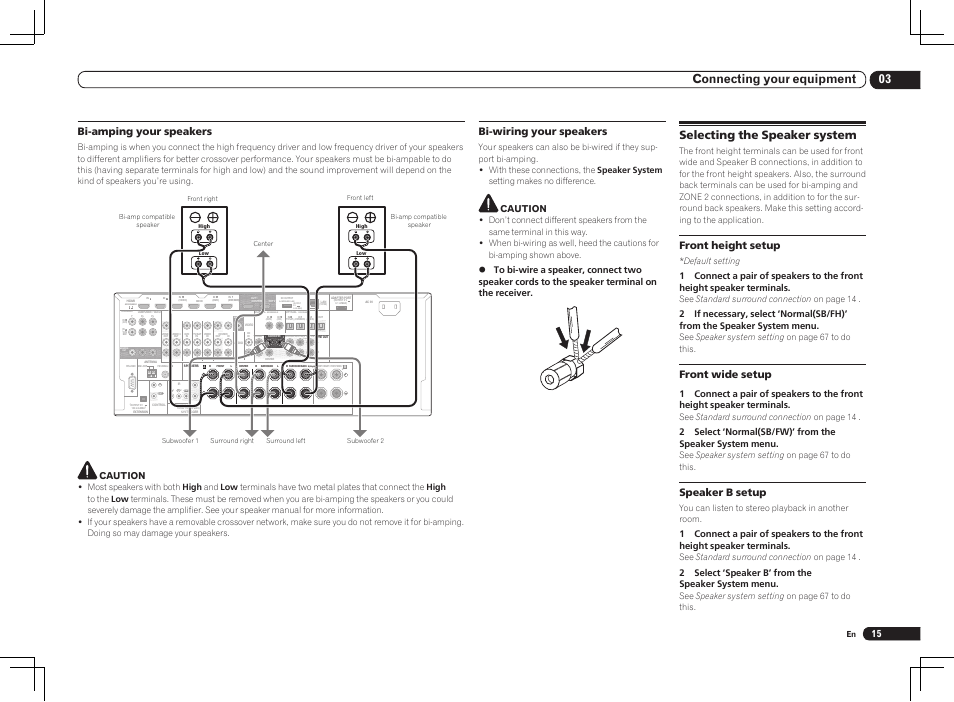 Selecting the speaker system, Single), 03 connecting your equipment | Bi-amping your speakers, Bi-wiring your speakers, Front height setup, Front wide setup, Speaker b setup, Caution, 2 select ‘speaker b’ from the speaker system menu | Pioneer VSX-2021 User Manual | Page 15 / 102