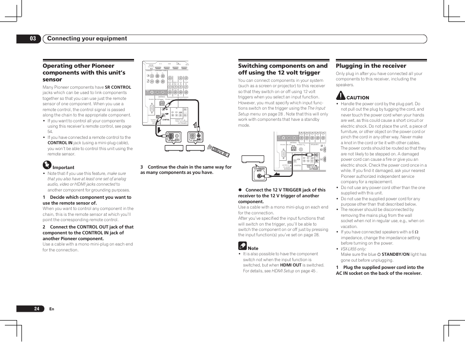 03 connecting your equipment, Plugging in the receiver, Caution | Important | Pioneer VSX-2021 User Manual | Page 24 / 102