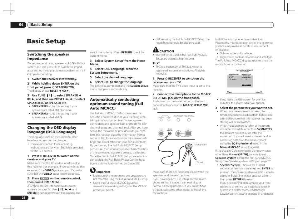 Basic setup, 04 basic setup, Switching the speaker impedance | Changing the osd display language (osd language) | Pioneer VSX-2021 User Manual | Page 26 / 102