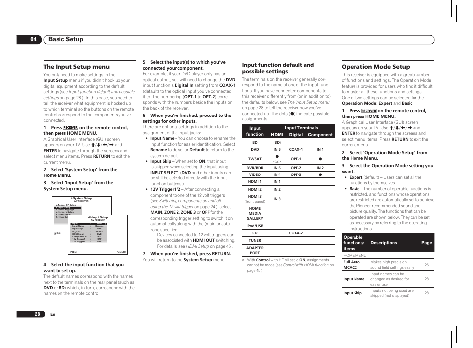 The input setup menu operation mode setup, 04 basic setup, Operation mode setup | The input setup menu | Pioneer VSX-2021 User Manual | Page 28 / 102