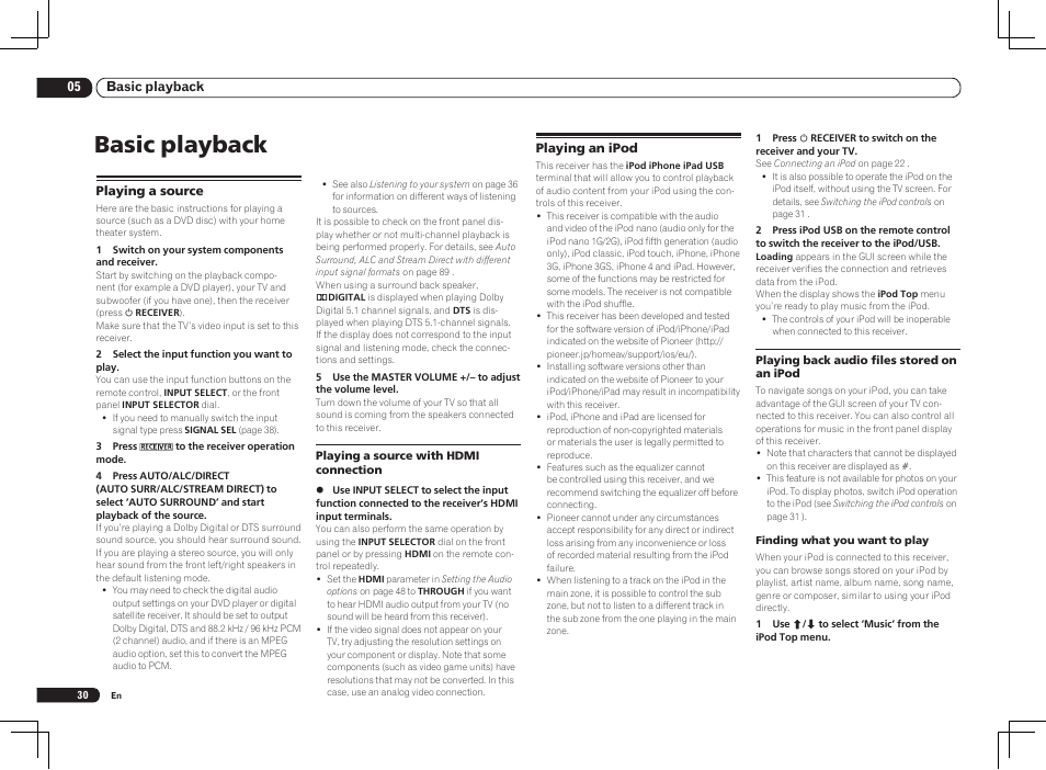 Playing a source playing an ipod, Basic playback | Pioneer VSX-2021 User Manual | Page 30 / 102