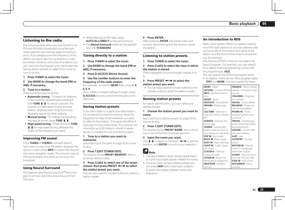 Listening to the radio, 05 basic playback | Pioneer VSX-2021 User Manual | Page 33 / 102