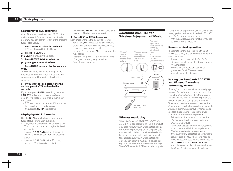 Bluetooth adapter for wireless enjoyment of music | Pioneer VSX-2021 User Manual | Page 34 / 102