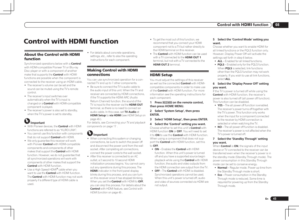 Control with hdmi function | Pioneer VSX-2021 User Manual | Page 45 / 102