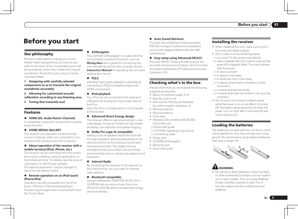 Before you start | Pioneer VSX-2021 User Manual | Page 5 / 102