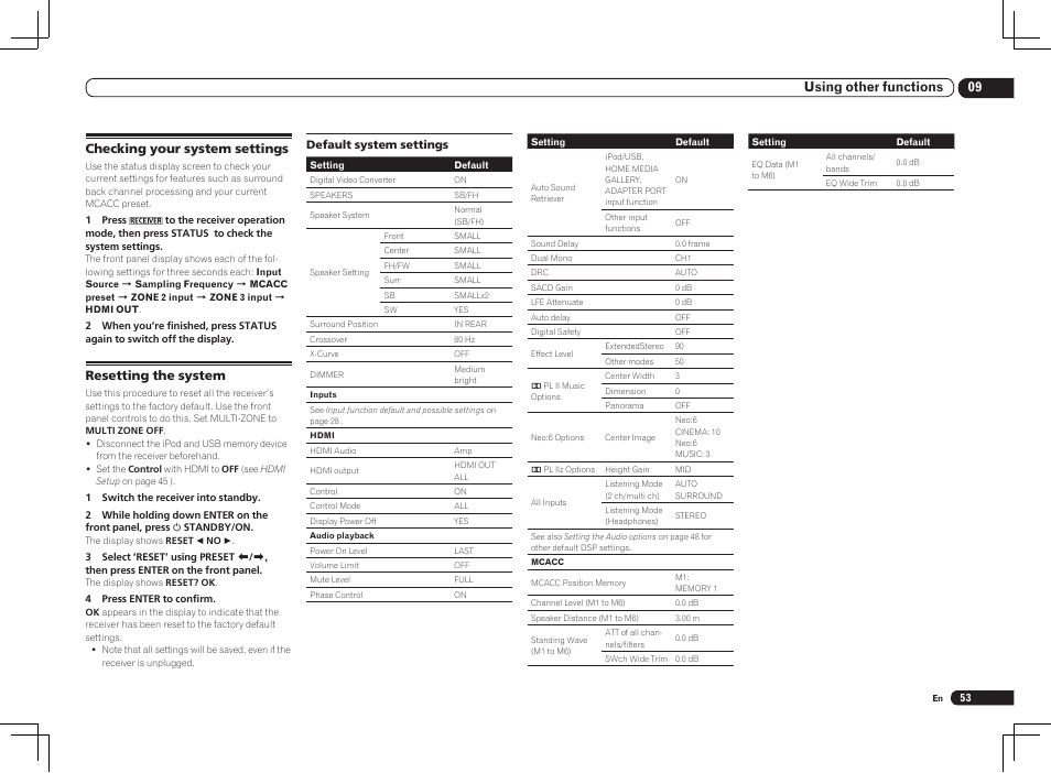 Checking your system settings resetting the system, 09 using other functions, Checking your system settings | Resetting the system | Pioneer VSX-2021 User Manual | Page 53 / 102