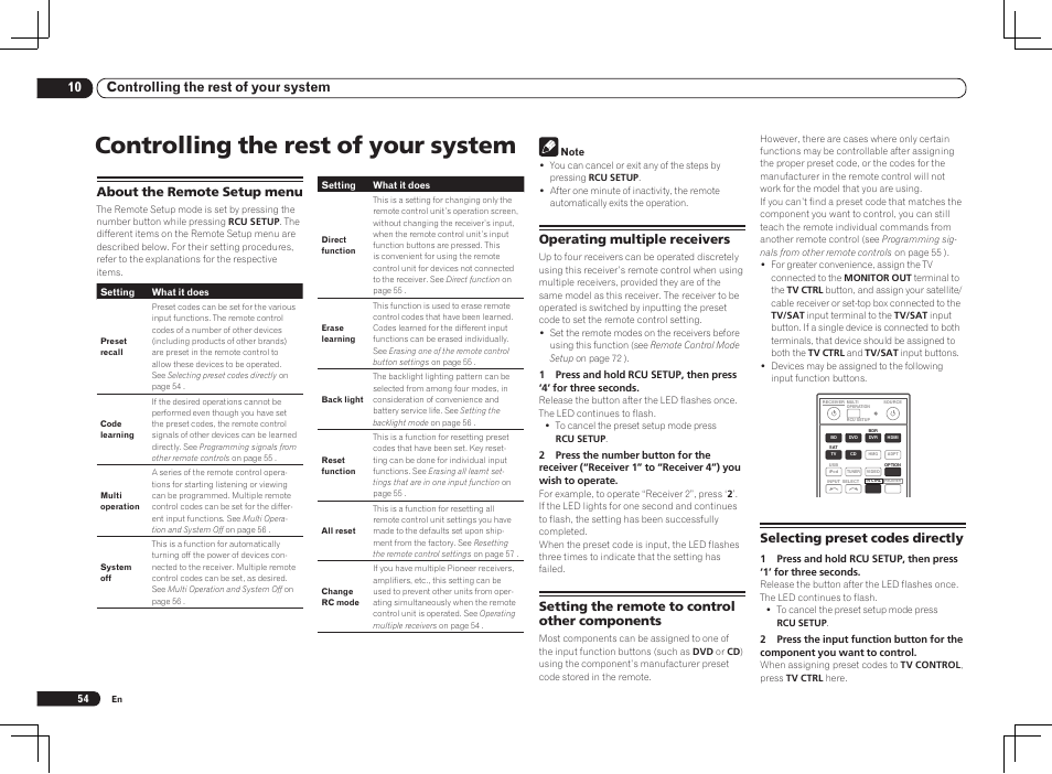 Controlling the rest of your system, 10 controlling the rest of your system, Operating multiple receivers | Setting the remote to control other components, Selecting preset codes directly, About the remote setup menu | Pioneer VSX-2021 User Manual | Page 54 / 102