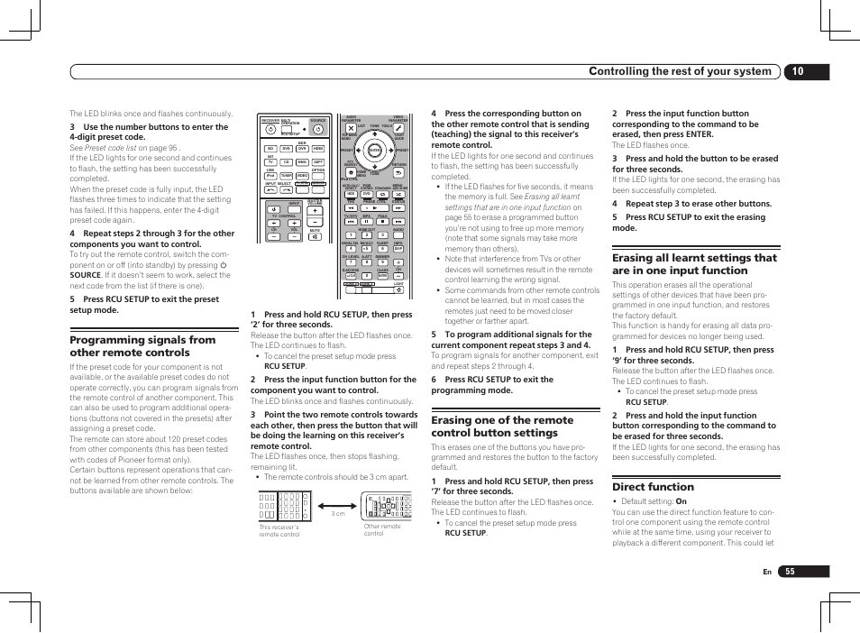 Direct function, 10 controlling the rest of your system, Programming signals from other remote controls | Erasing one of the remote control button settings, 5 press rcu setup to exit the preset setup mode, 6 press rcu setup to exit the programming mode | Pioneer VSX-2021 User Manual | Page 55 / 102