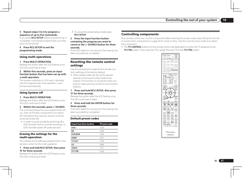 10 controlling the rest of your system, Resetting the remote control settings, Controlling components | Using multi operations, Using system off, Erasing the settings for the multi-operation, Default preset codes, 6 press rcu setup to exit the programming mode, 1 press multi operation, 2 within five seconds, press u source | Pioneer VSX-2021 User Manual | Page 57 / 102
