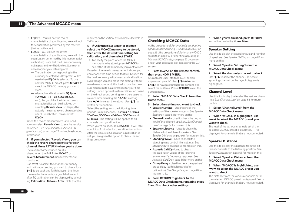 Checking mcacc data, 11 the advanced mcacc menu | Pioneer VSX-2021 User Manual | Page 64 / 102