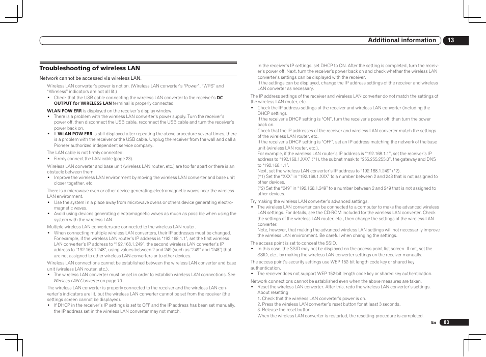 Troubleshooting of wireless lan, 13 additional information | Pioneer VSX-2021 User Manual | Page 83 / 102