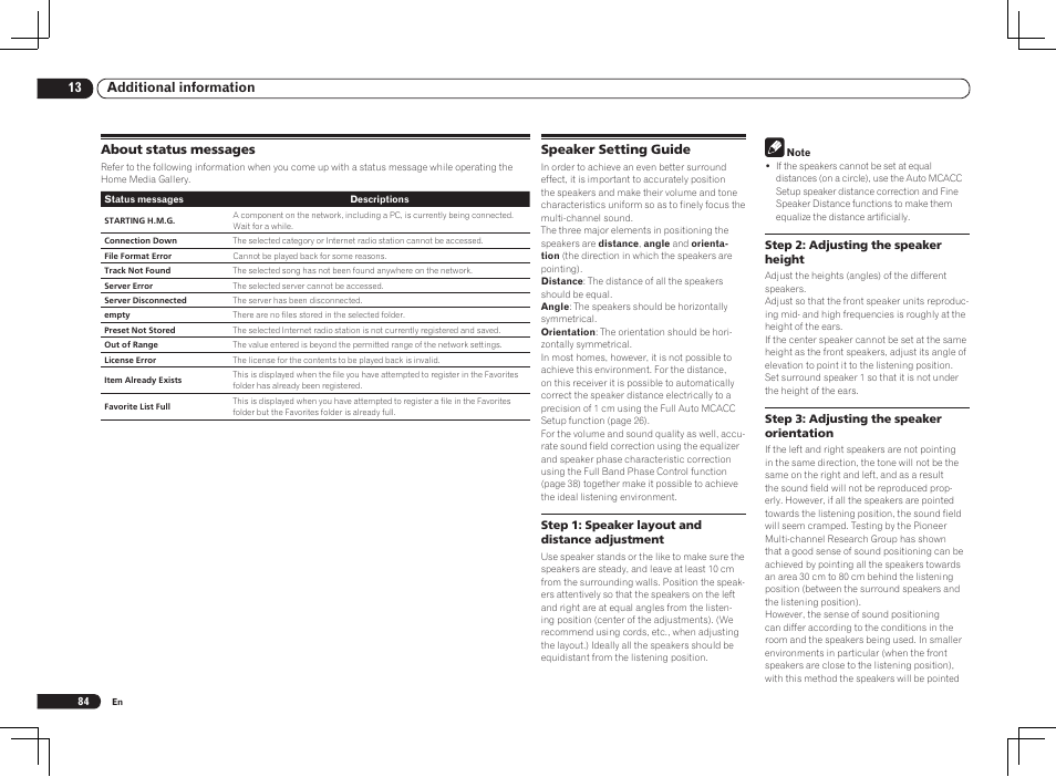About status messages speaker setting guide, 13 additional information | Pioneer VSX-2021 User Manual | Page 84 / 102