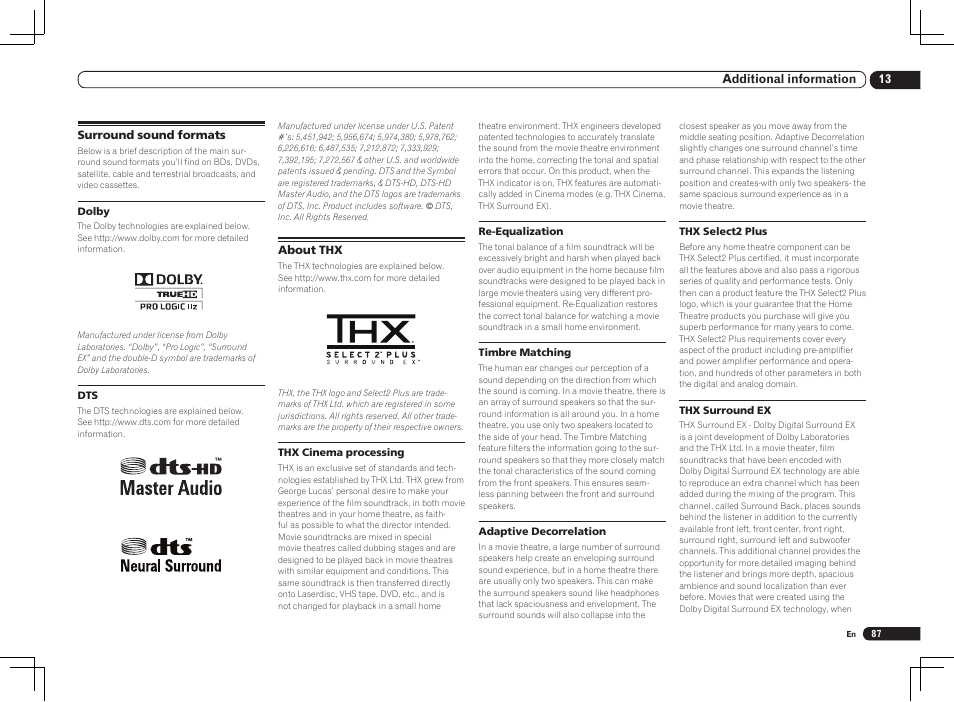 Surround sound formats about thx | Pioneer VSX-2021 User Manual | Page 87 / 102