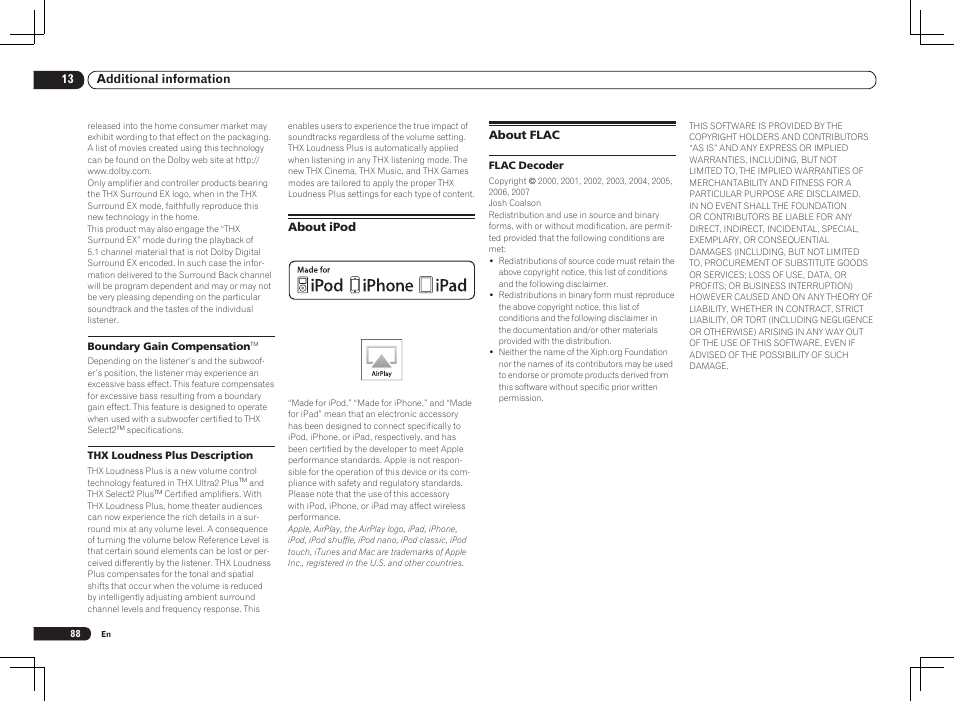 About ipod about flac, 13 additional information | Pioneer VSX-2021 User Manual | Page 88 / 102