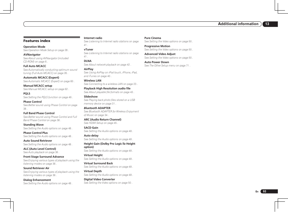 Features index | Pioneer VSX-2021 User Manual | Page 93 / 102