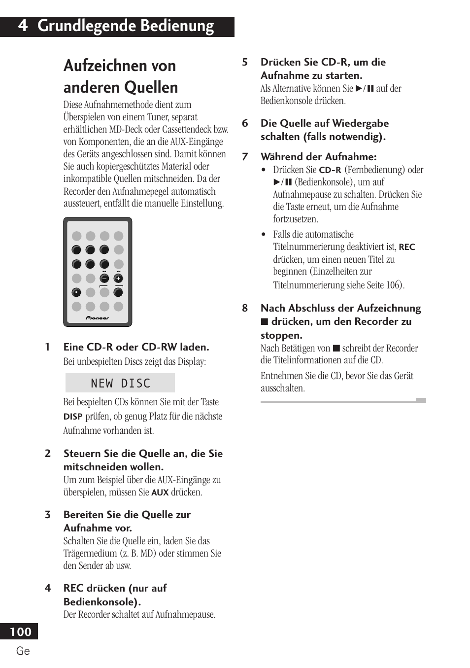 Aufzeichnen von anderen quellen, 4 grundlegende bedienung | Pioneer PDR-F10 User Manual | Page 100 / 162