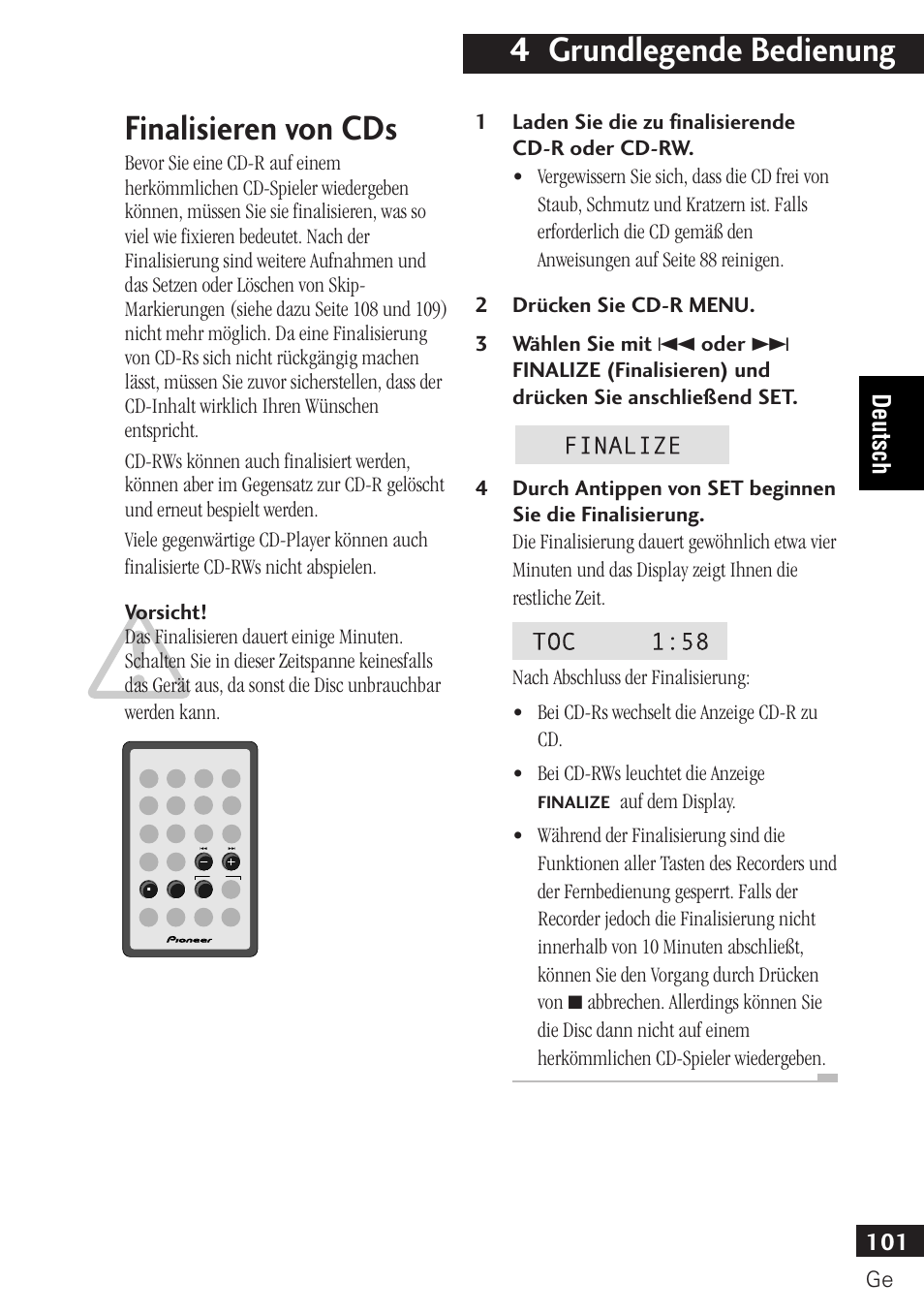 Finalisieren von cds, 4 grundlegende bedienung, 101 deutsch | Pioneer PDR-F10 User Manual | Page 101 / 162