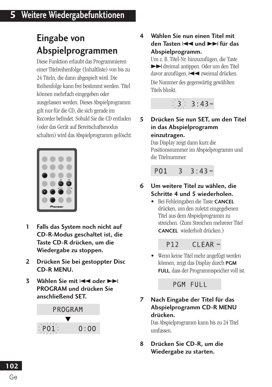 Eingabe von abspielprogrammen, 5 weitere wiedergabefunktionen | Pioneer PDR-F10 User Manual | Page 102 / 162