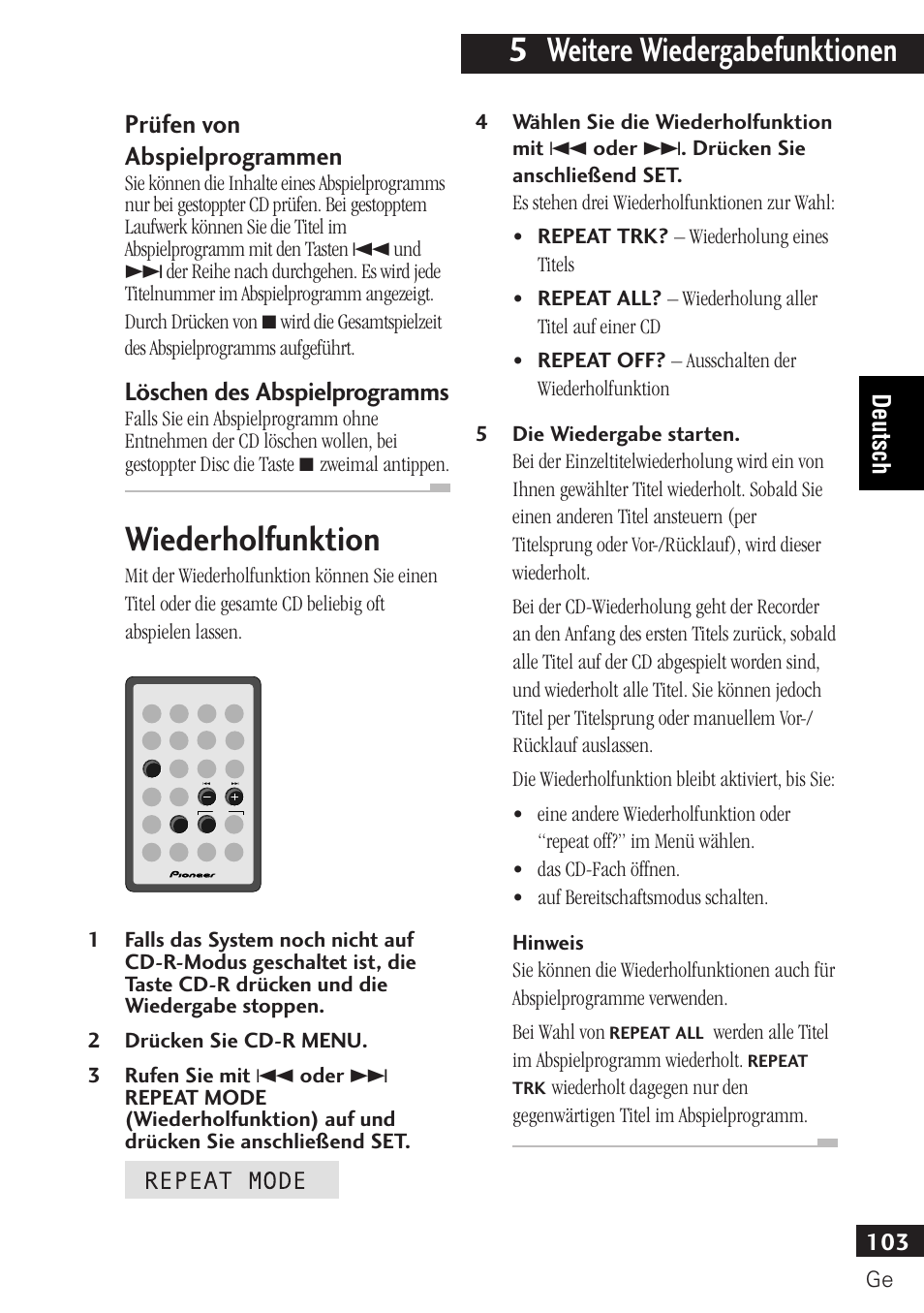 5 weitere wiedergabefunktionen, Wiederholfunktion, Prüfen von abspielprogrammen | Löschen des abspielprogramms, 103 deutsch | Pioneer PDR-F10 User Manual | Page 103 / 162