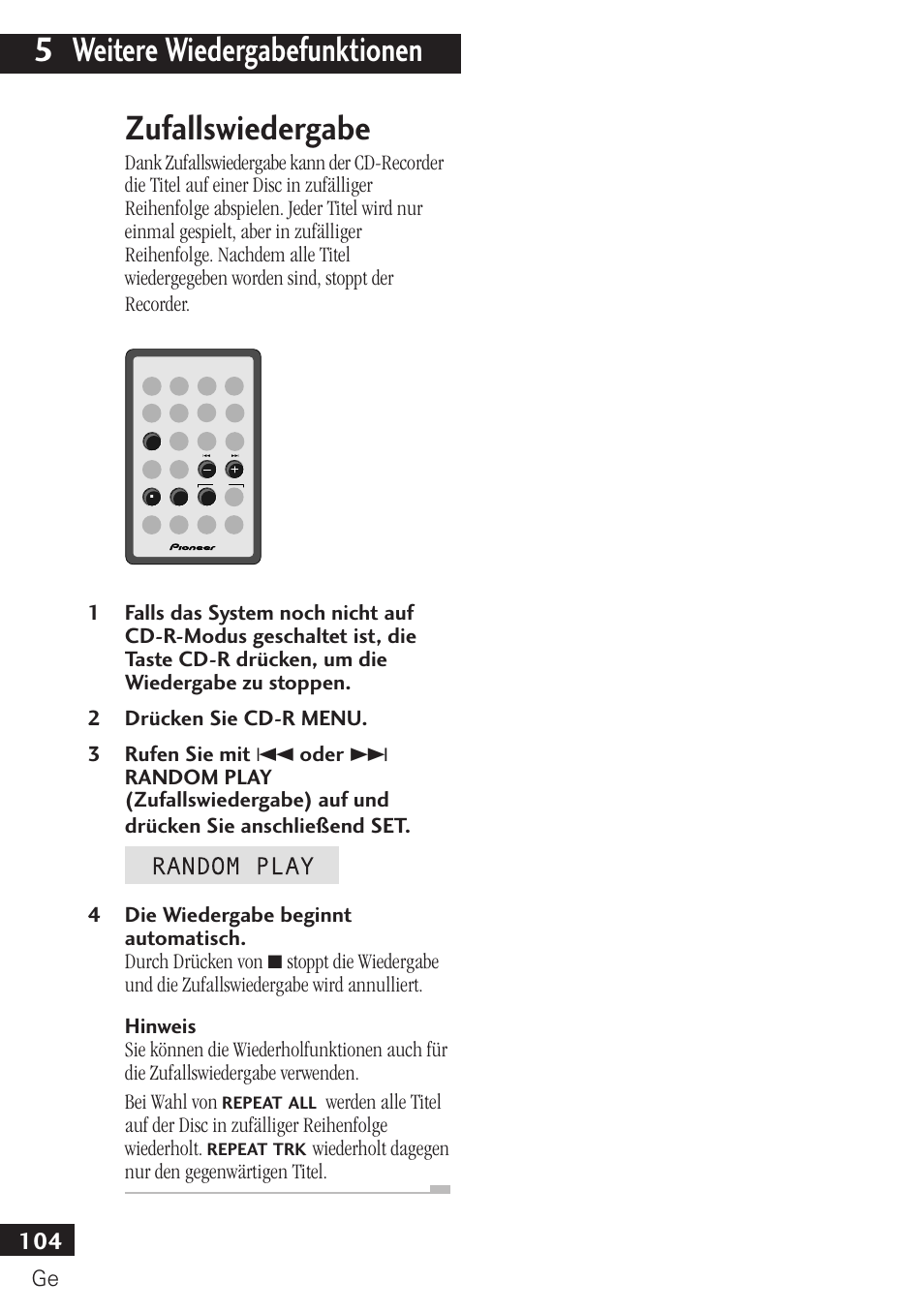 Zufallswiedergabe, 5 weitere wiedergabefunktionen | Pioneer PDR-F10 User Manual | Page 104 / 162