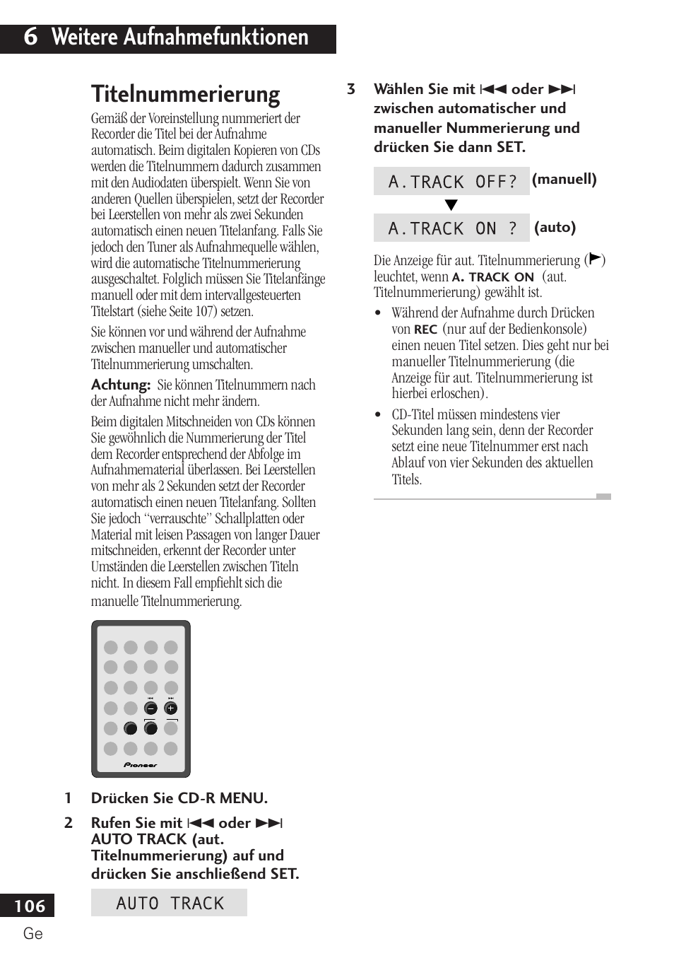 Titelnummerierung, 6 weitere aufnahmefunktionen | Pioneer PDR-F10 User Manual | Page 106 / 162