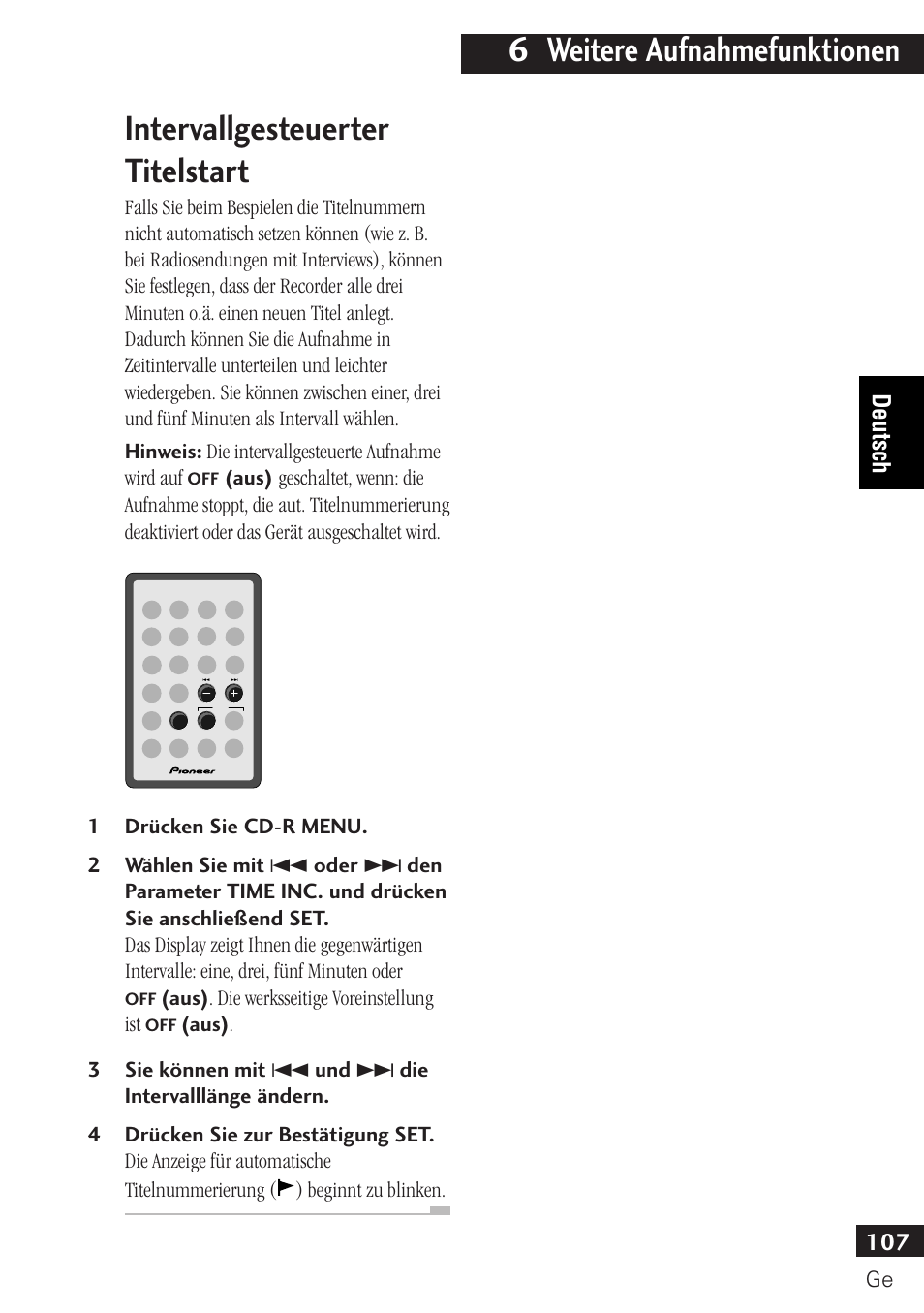 Intervallgesteuerter titelstart, 6 weitere aufnahmefunktionen, 107 deutsch | Pioneer PDR-F10 User Manual | Page 107 / 162