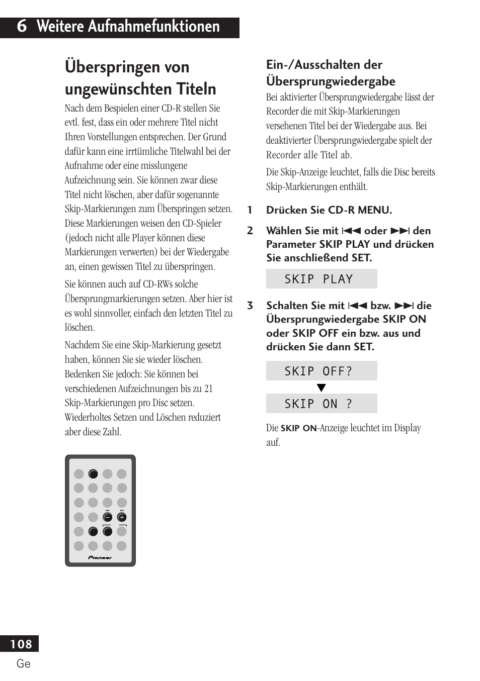 6 weitere aufnahmefunktionen, Überspringen von ungewünschten titeln, Ein-/ausschalten der übersprungwiedergabe | Pioneer PDR-F10 User Manual | Page 108 / 162
