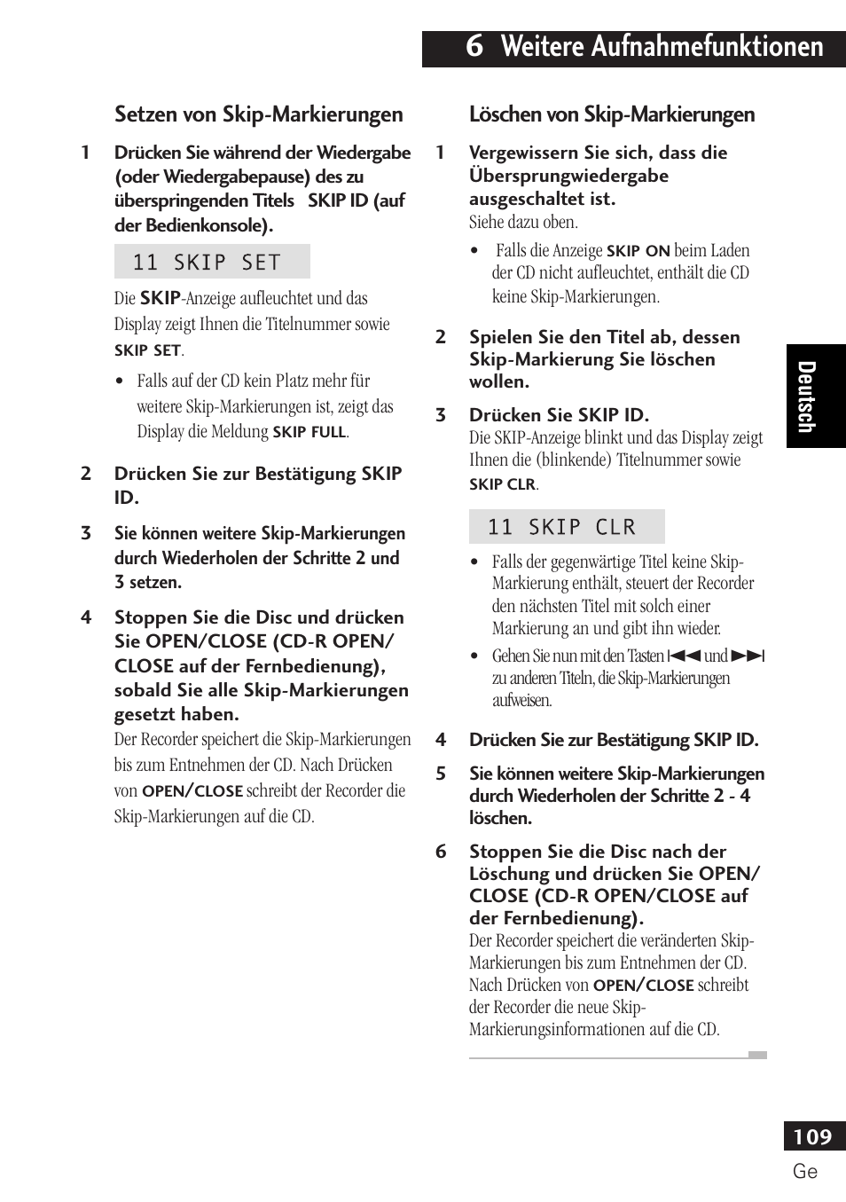 6 weitere aufnahmefunktionen, Löschen von skip-markierungen, Setzen von skip-markierungen | Pioneer PDR-F10 User Manual | Page 109 / 162