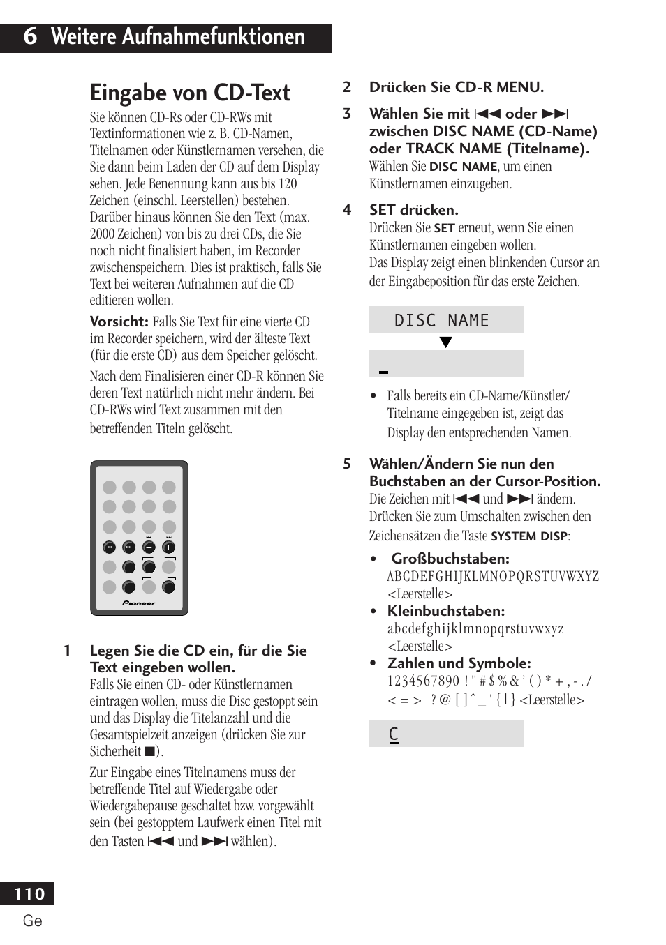 Eingabe von cd-text, 6 weitere aufnahmefunktionen | Pioneer PDR-F10 User Manual | Page 110 / 162