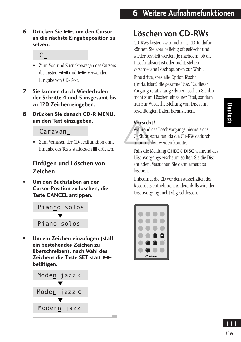 6 weitere aufnahmefunktionen, Löschen von cd-rws, Einfügen und löschen von zeichen | 111 deutsch | Pioneer PDR-F10 User Manual | Page 111 / 162