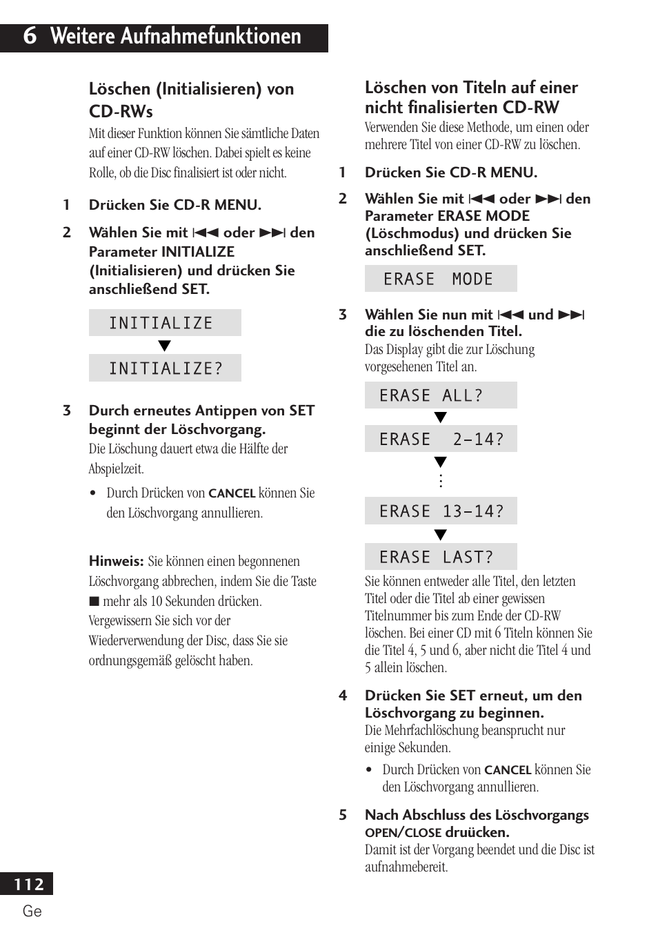 6 weitere aufnahmefunktionen, Löschen (initialisieren) von cd-rws | Pioneer PDR-F10 User Manual | Page 112 / 162