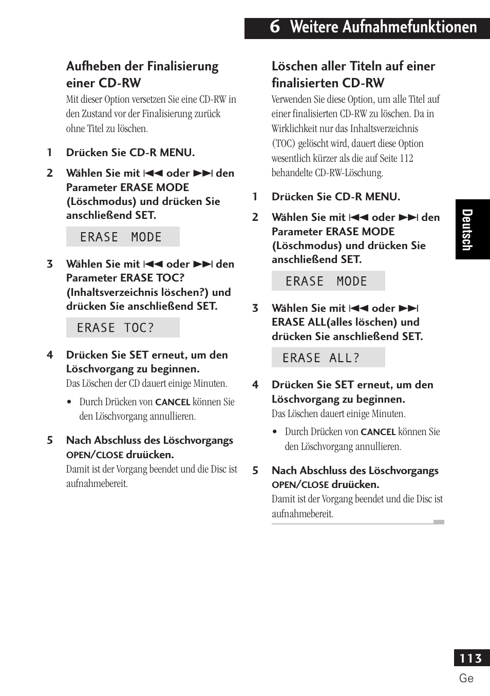 6 weitere aufnahmefunktionen, Aufheben der finalisierung einer cd-rw, Löschen aller titeln auf einer finalisierten cd-rw | Pioneer PDR-F10 User Manual | Page 113 / 162