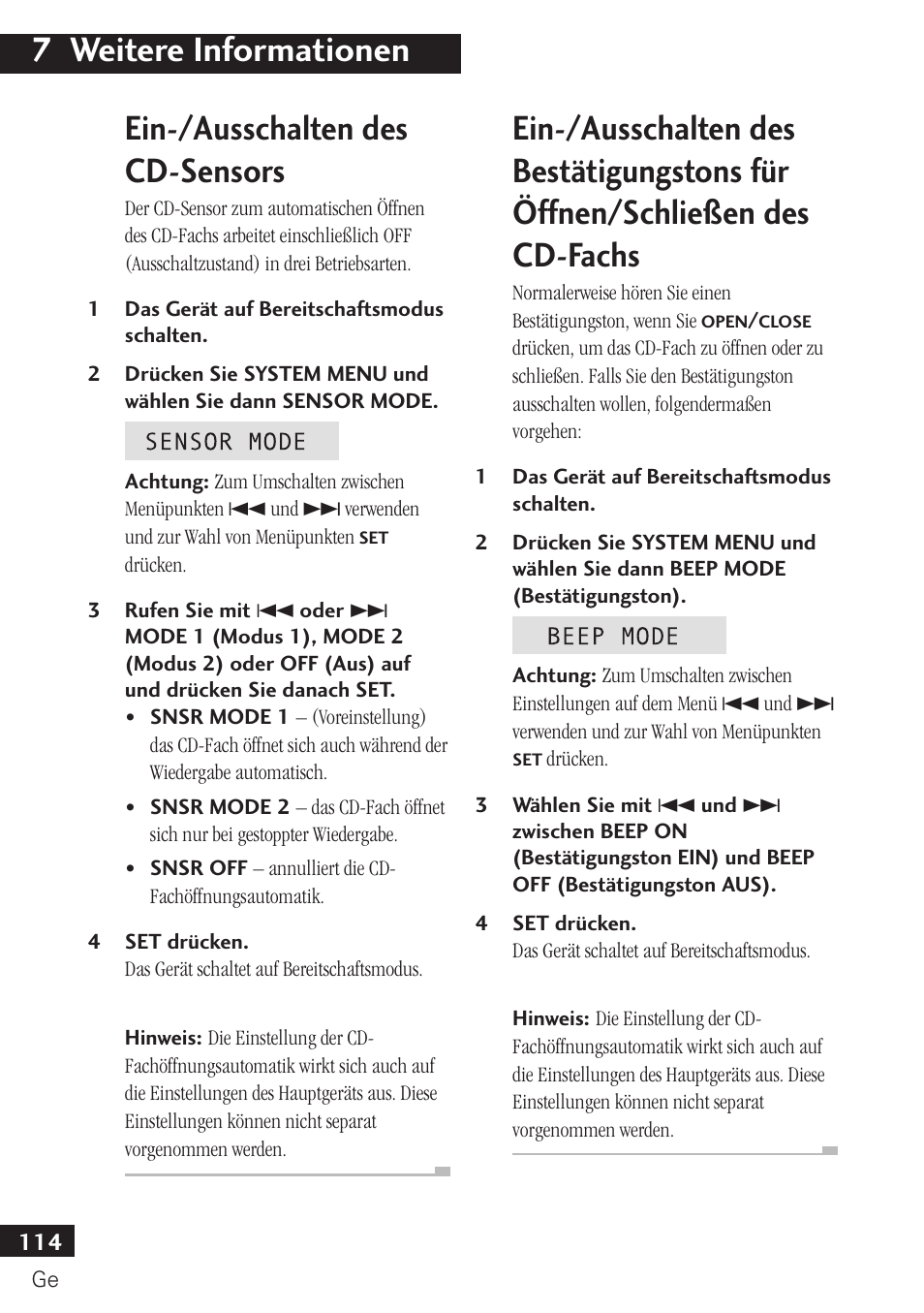 7 weitere informationen, Ein-/ausschalten des cd-sensors | Pioneer PDR-F10 User Manual | Page 114 / 162