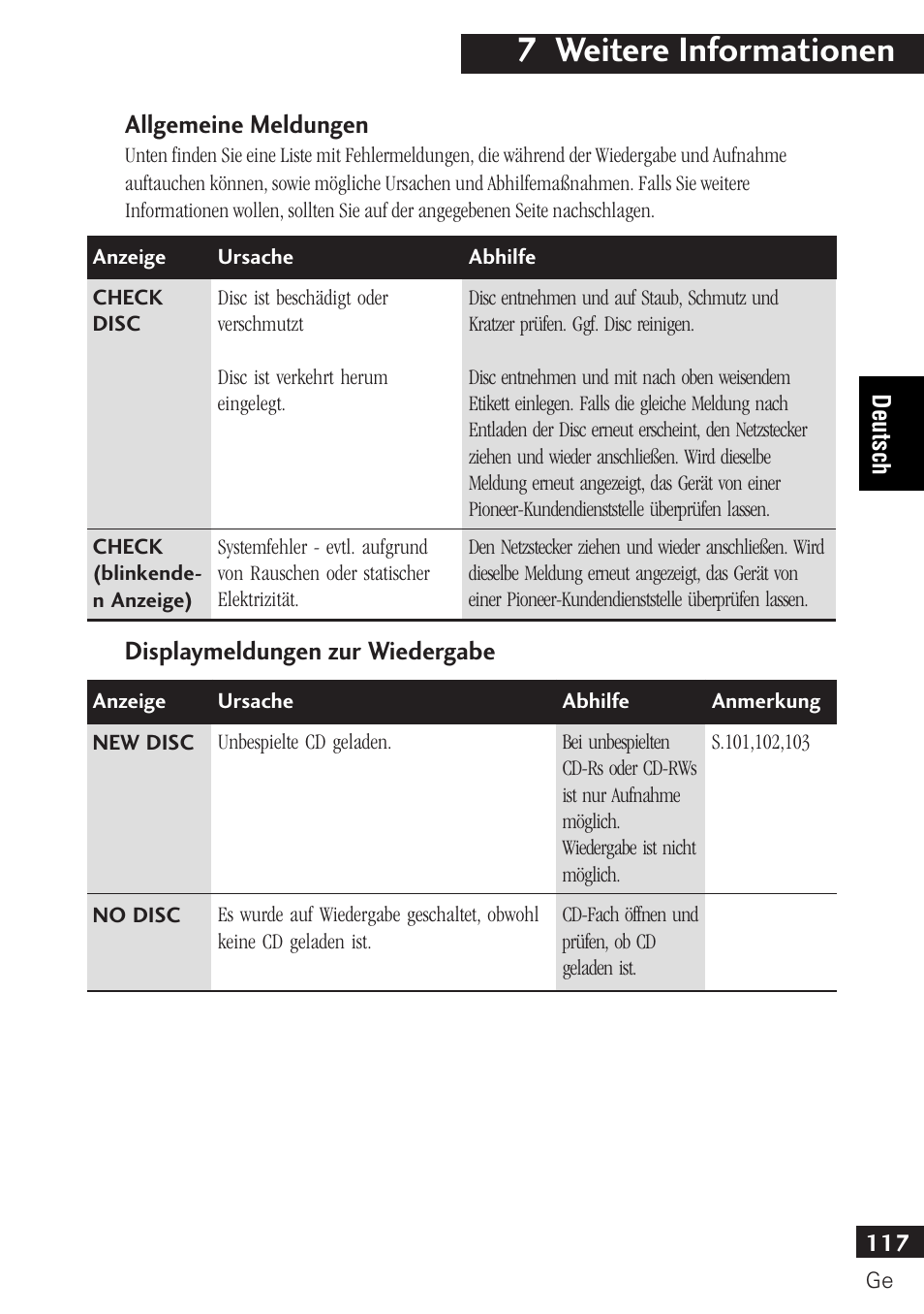 7 weitere informationen, Allgemeine meldungen, Displaymeldungen zur wiedergabe | Pioneer PDR-F10 User Manual | Page 117 / 162