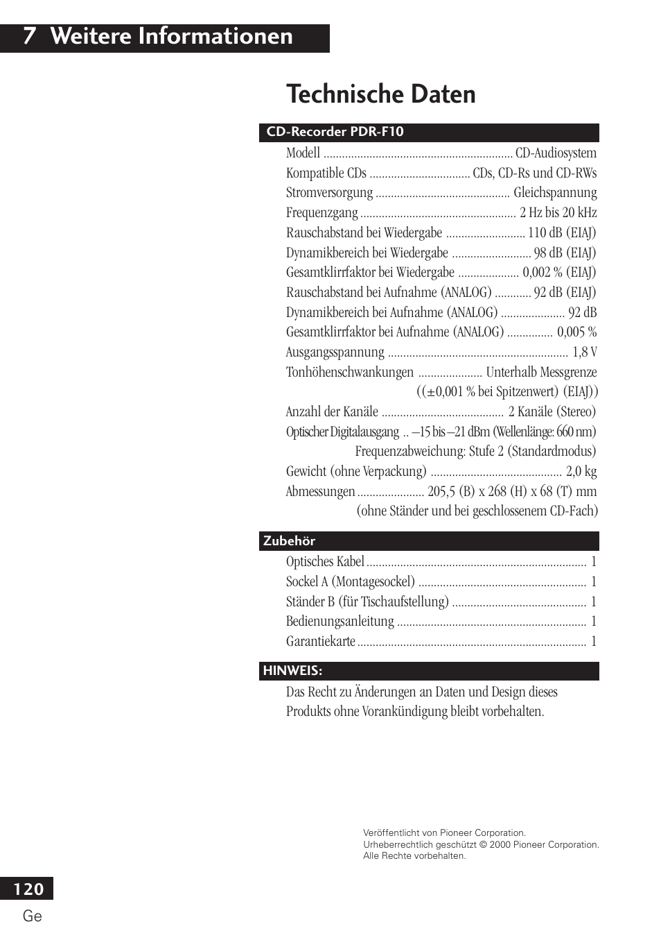 Technische daten, 7 weitere informationen | Pioneer PDR-F10 User Manual | Page 120 / 162