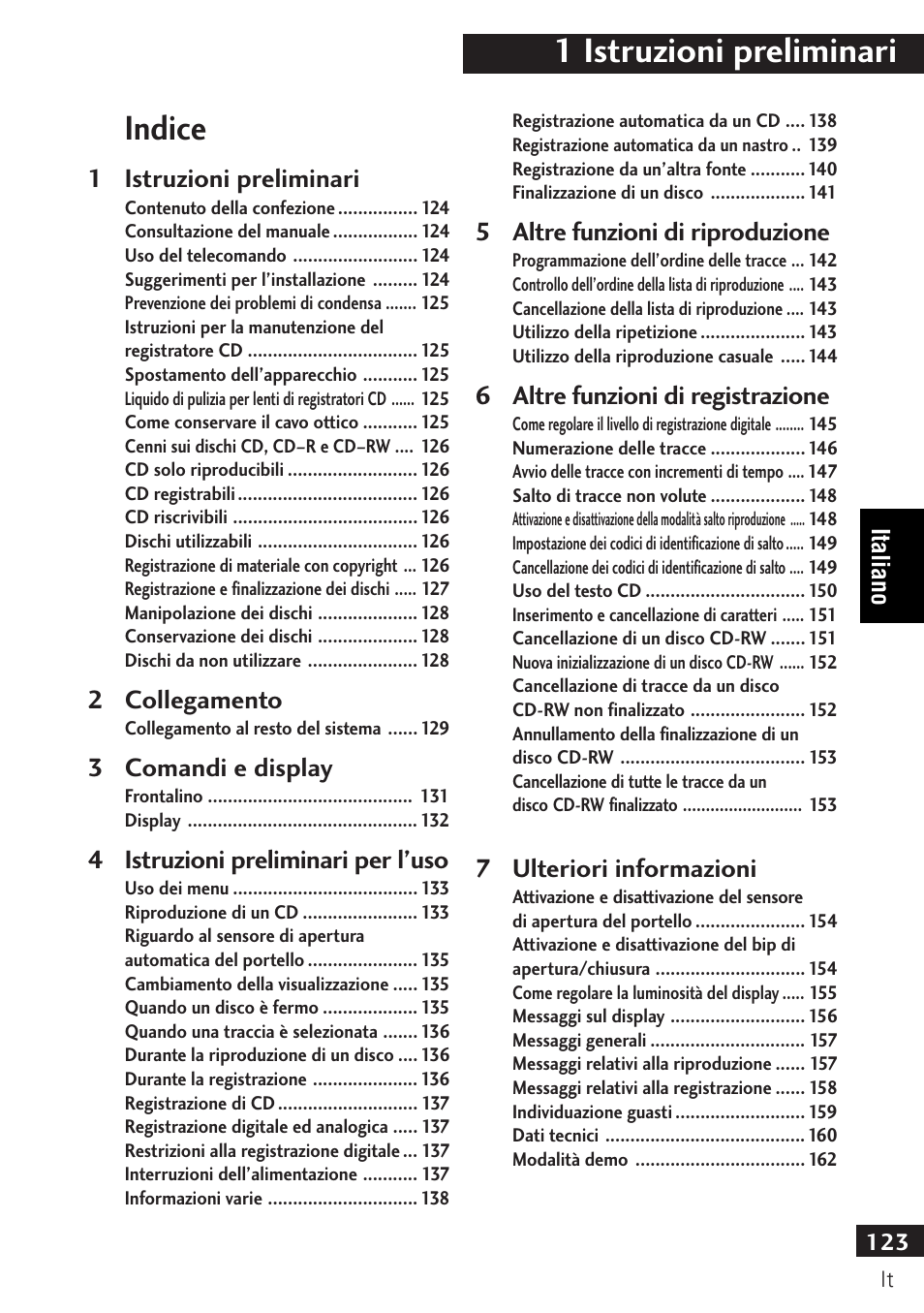 1 istruzioni preliminari, Indice | Pioneer PDR-F10 User Manual | Page 123 / 162