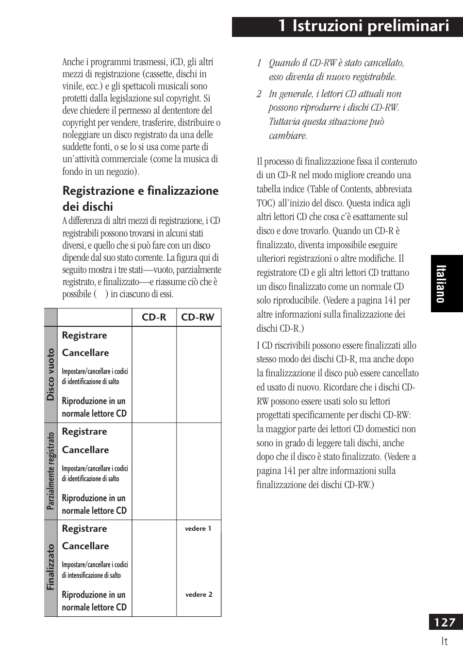 Registrazione e finalizzazione dei dischi, 1 istruzioni preliminari, 127 italiano | Pioneer PDR-F10 User Manual | Page 127 / 162