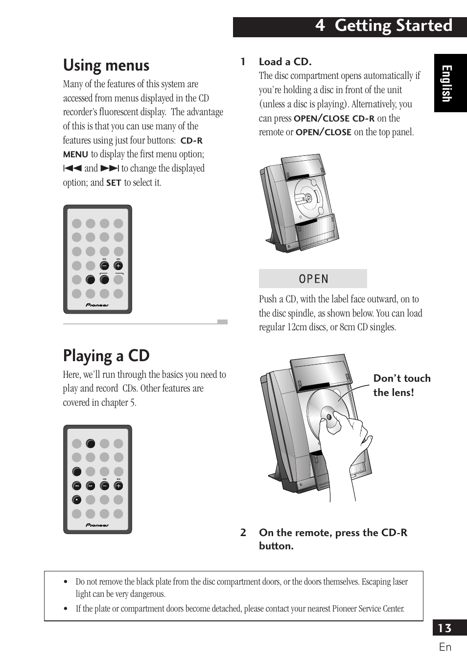 Using menus playing a cd, 4 getting started, Using menus | Playing a cd, 13 english, On the remote or | Pioneer PDR-F10 User Manual | Page 13 / 162