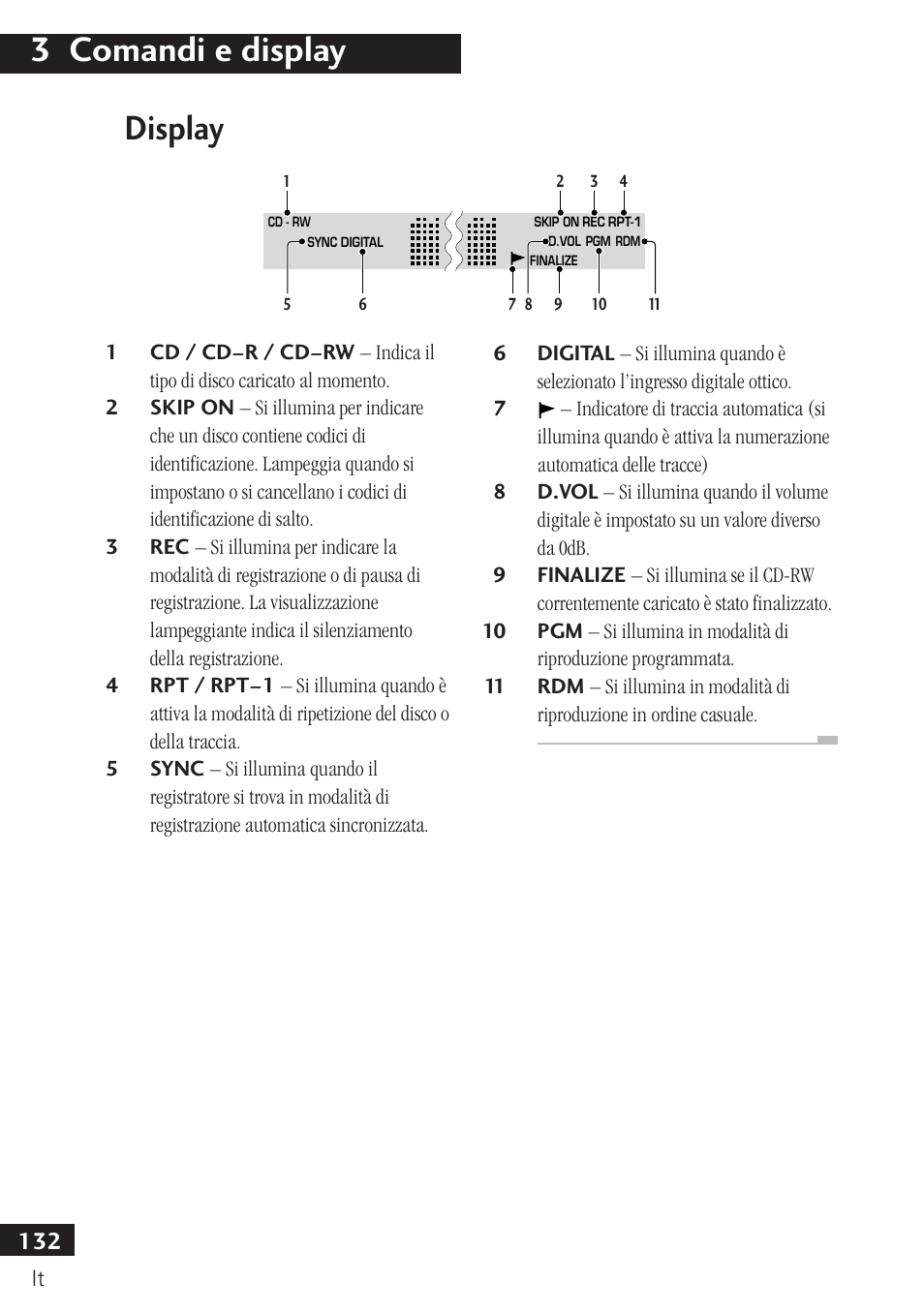 Display, 3 comandi e display | Pioneer PDR-F10 User Manual | Page 132 / 162