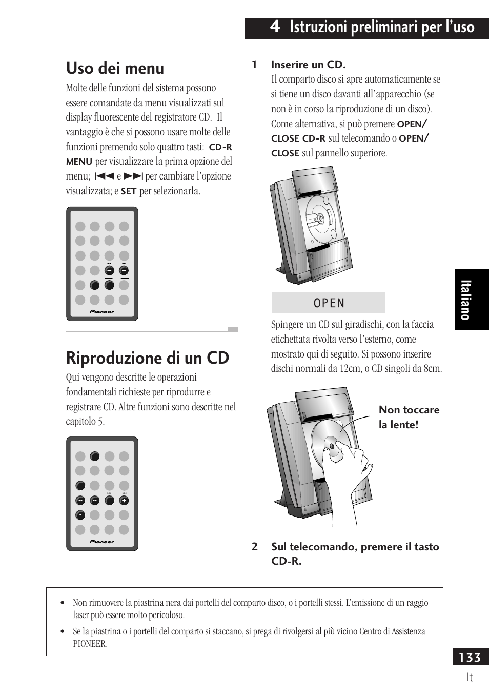 Uso dei menu riproduzione di un cd, 4 istruzioni preliminari per l’uso, Uso dei menu | Riproduzione di un cd, Italiano, Per selezionarla, Sul telecomando o | Pioneer PDR-F10 User Manual | Page 133 / 162