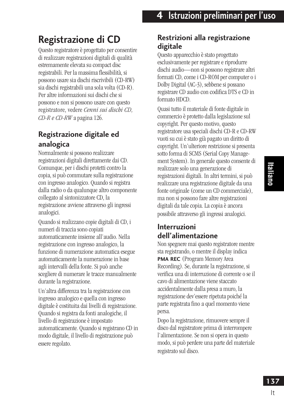 4 istruzioni preliminari per l’uso, Registrazione di cd | Pioneer PDR-F10 User Manual | Page 137 / 162