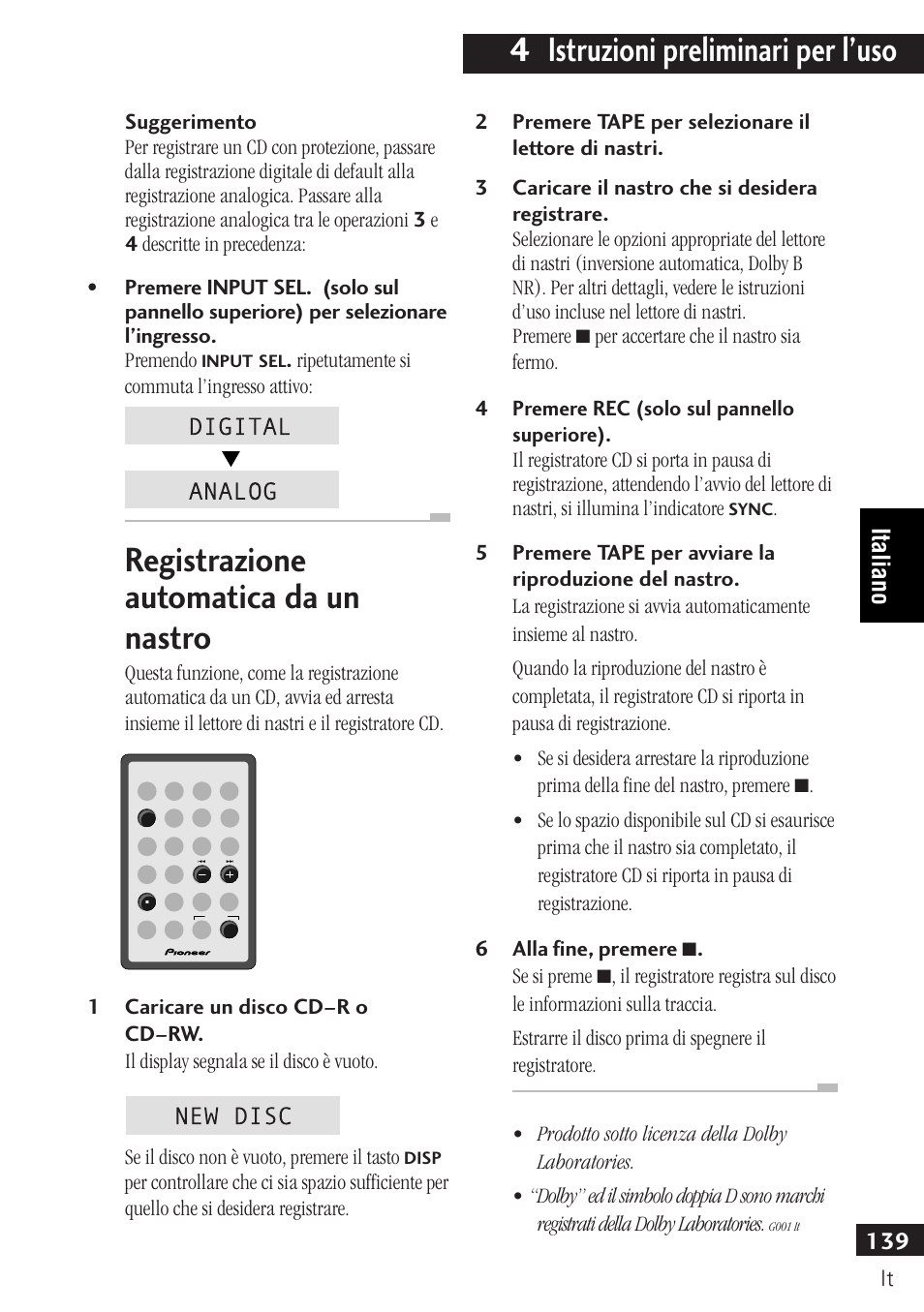 Registrazione automatica da un nastro, 4 istruzioni preliminari per l’uso, Italiano | Pioneer PDR-F10 User Manual | Page 139 / 162