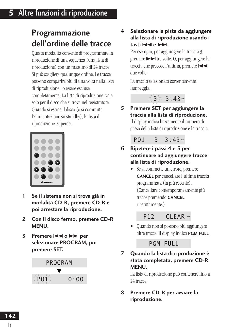 Programmazione dell’ordine delle tracce, 5 altre funzioni di riproduzione | Pioneer PDR-F10 User Manual | Page 142 / 162